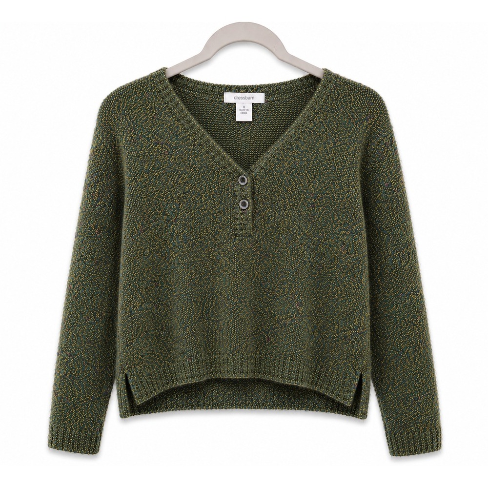 Dressbarn Womens Medium Green Marled Silk Blend Henley Knit Sweater Speckled